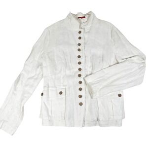 Tape Measure White 100%  Linen Jacket Size 16 Button‎ Down High Collar